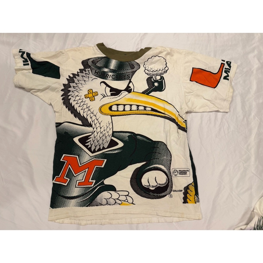 Vintage Miami Hurricanes  Shirt Mens Large All Over Print AOP Gallop Made In USA